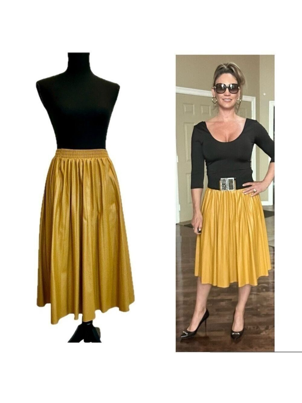 Kate Hewko mustard yellow faux leather A-line pleated midi skirt